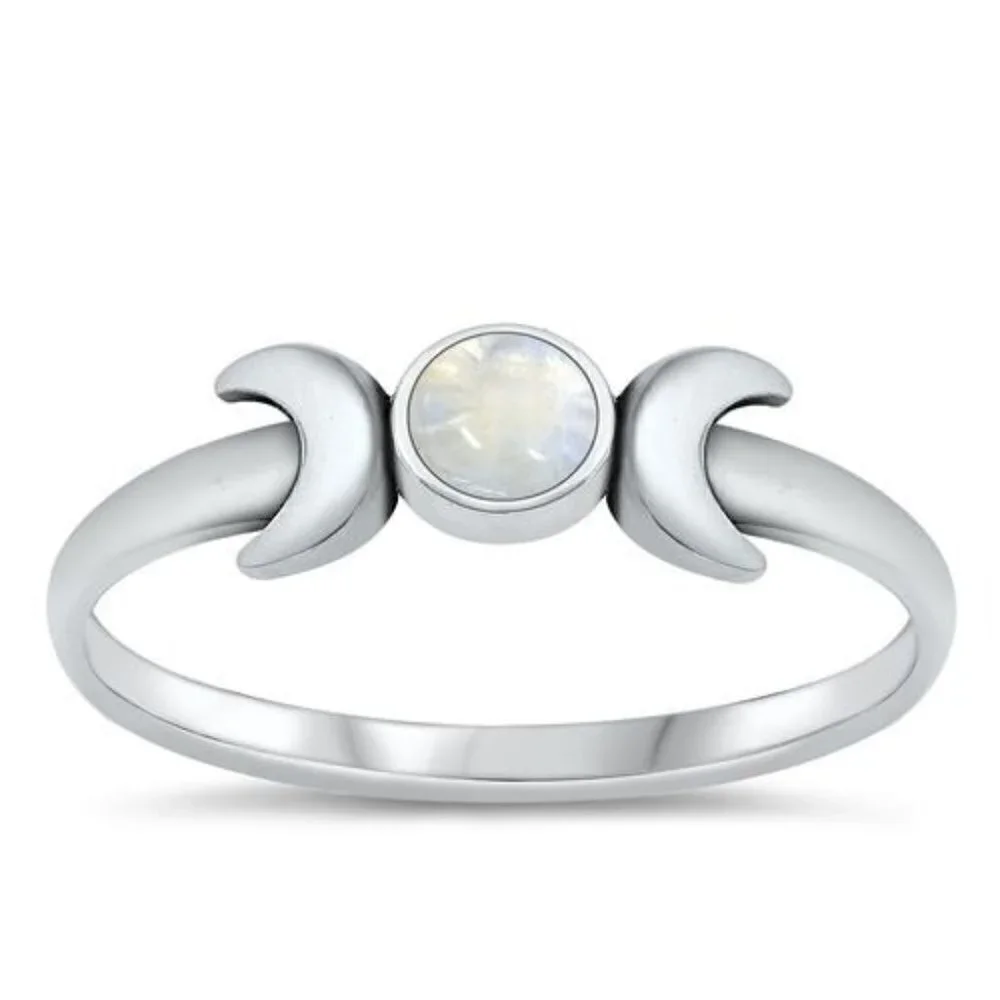 Sterling Silver 925 Dainty Minimalist Moonstone Crescent Moon Band Ring Sz 4.75